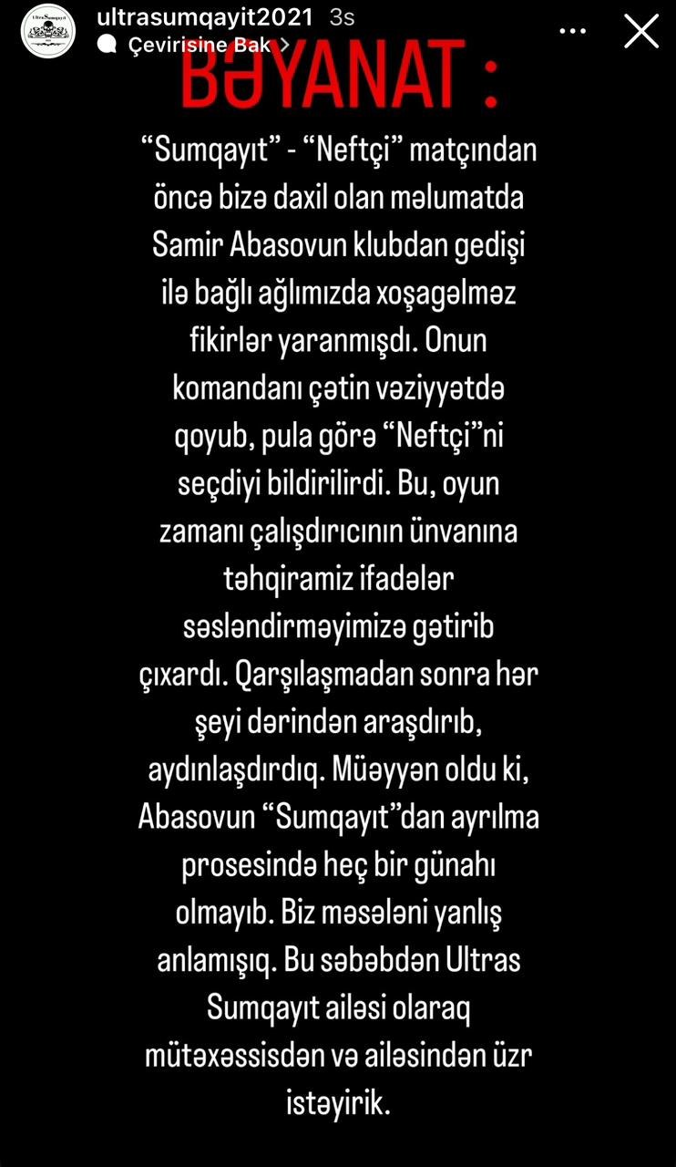 "Sumqayıt" azarkeşləri Samir Abasovdan üzr istədi